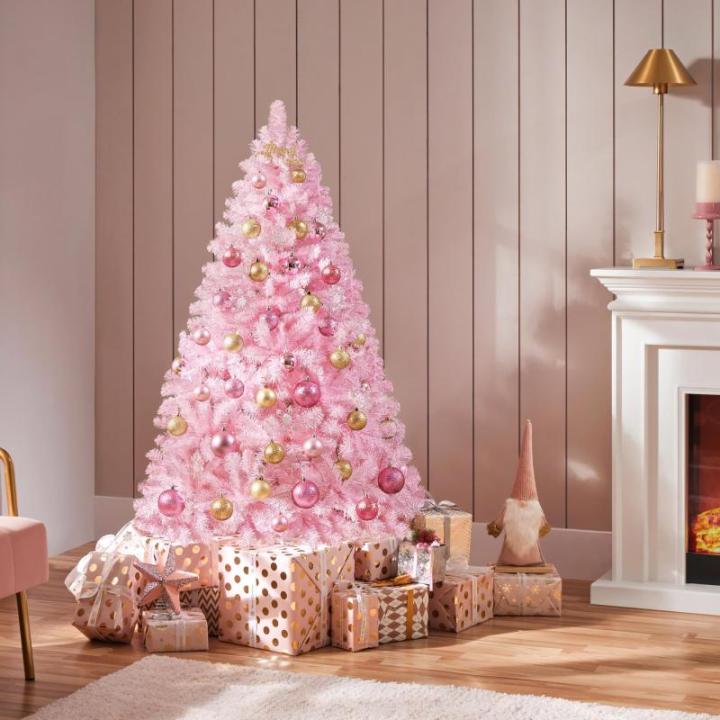 Kunstkerstboom, 154 cm, roze, dennenboom met 398 takken, opvouwbare metalen standaard, herbruikbare kerstboom, kunstboom voor kerstdecoratie