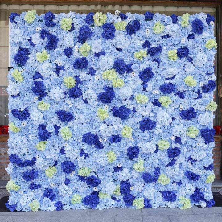 Blaue Simulierte Hochzeitsblumenwand, Blumenarrangement, Blumen-Wandpaneel-Set, Künstliche Wand, Blumen-Hintergrund, 3D-Seide, Hortensie, Rose, Blumenpaneel Für Fotohintergrund, 