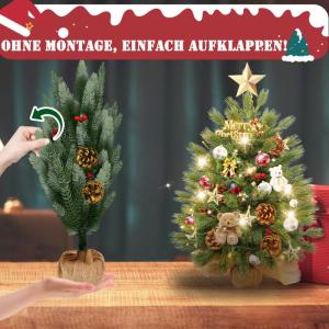 60 cm premium kunstkerstboom van PE met 30 warmwitte draadloze leds, 10 bundels rode bessen, 10 dennenappels en houten sokkel, onderhoudsvriendelijke kerstdecoratie, type C