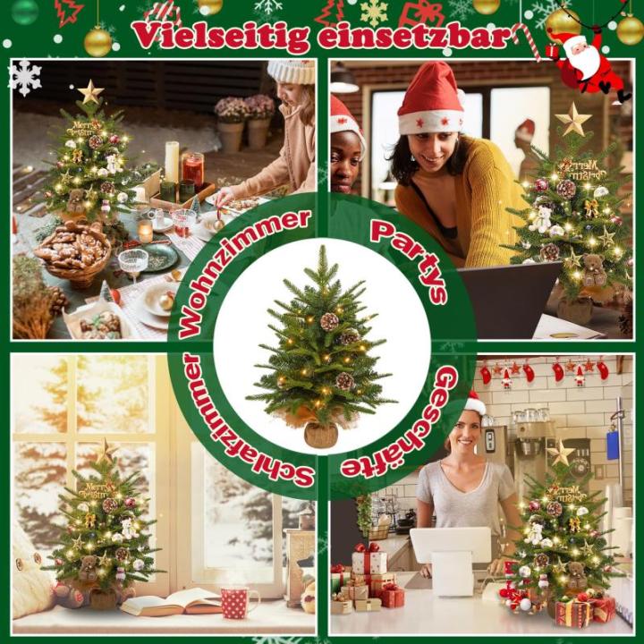 Kunstkerstboom van 60 cm in premium kwaliteit, met 30 warmwitte draadloze leds, PE + pvc-takken, 6 dennenappels en jute zak, houten sokkel, onderhoudsvriendelijk voor feestelijke