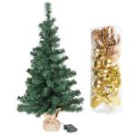 Kunstkerstboom, 75 cm, versierd met ballen, sterren, dennenappels, strikken, slinger, en een lichtkettting met 20 ledlichtjes, 1 batterij