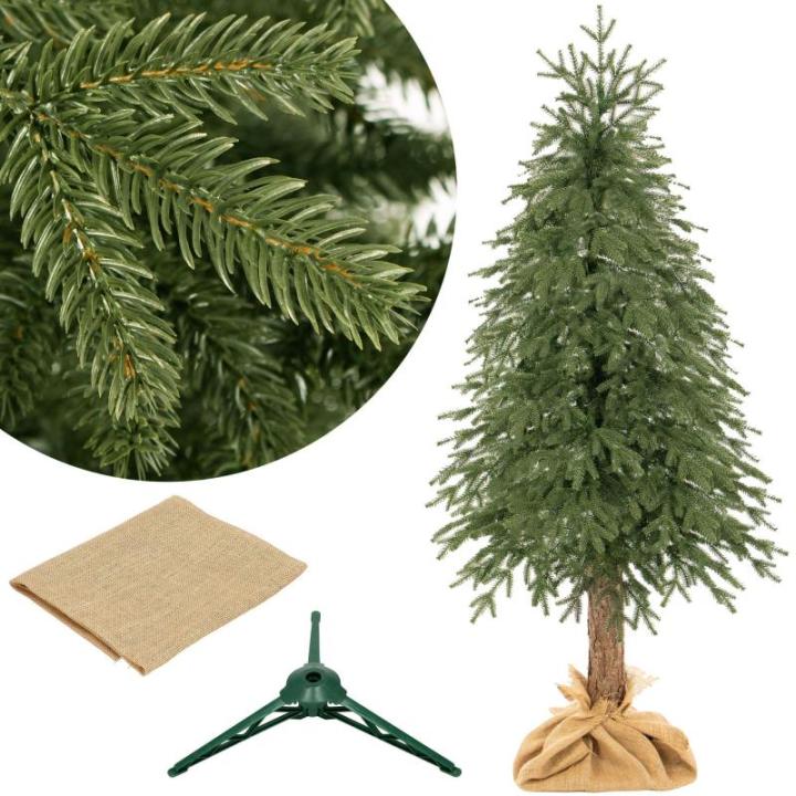 Kerstboom met natuurstam, 220 cm, natuurgetrouwe dichte takken, boomstandaard en jute stof, kunstdennenboom, gemaakt in de EU