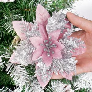 12 stuks glitter kerstster bloemen roze kerstbloemen met 12 stuks kunststof wortelstokken 12 stuks clip kunstglitter kerstboom bloemen voor bruiloft kerstboom decoraties