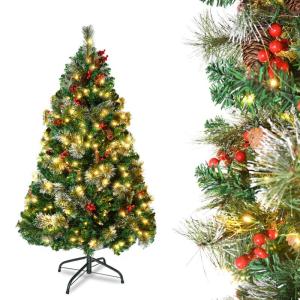 Kunstkerstboom met verlichting, led-dennenboom met metalen standaard, dennenappels, rode bessen en dennentakken, pvc-kerstboom voor kerstdecoratie, 150 cm