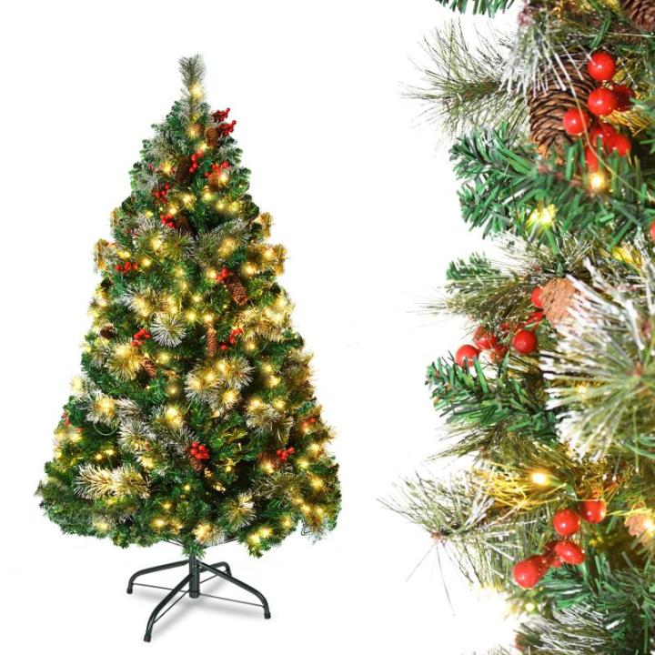 Kunstkerstboom met verlichting, led-dennenboom met metalen standaard, dennenappels, rode bessen en dennentakken, pvc-kerstboom voor kerstdecoratie, 150 cm