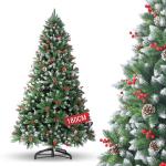 Nordmann Kunstkerstboom met sneeuweffect, dennenappels en rode bessen, 180 cm, automatische dennenboom, kunstkerstboom met metalen standaard, Nordmann-spar, moeilijk ontvlambare ke