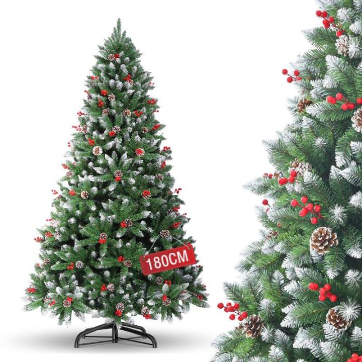 Nordmann Kunstkerstboom met sneeuweffect, dennenappels en rode bessen, 180 cm, automatische dennenboom, kunstkerstboom met metalen standaard, Nordmann-spar, moeilijk ontvlambare ke