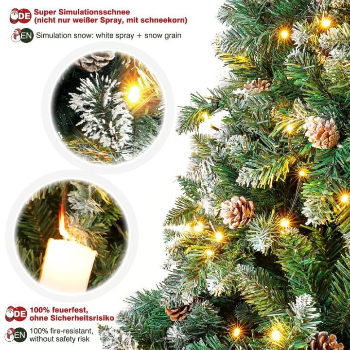 Kunstkerstboom met verlichting, witte sneeuw, led-dennenboom voor kerstdecoratie, 210 cm