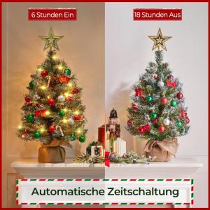 2 stuks 98 cm mini kunstkerstboom met sneeuw incl. 50 warmwitte leds & 70 rode bessen & 10 dennenappels, kleine kerstboom tafel dennenboom voor kerstdecoratie