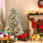 Kunstkerstboom met 200 ledverlichting, 150 cm premium dennenboom, kunstkerstboom met natuurwitte sneeuwvlokken, 400 takpunten, van PE en pvc dennennaalden, snel op te bouwen, klaps