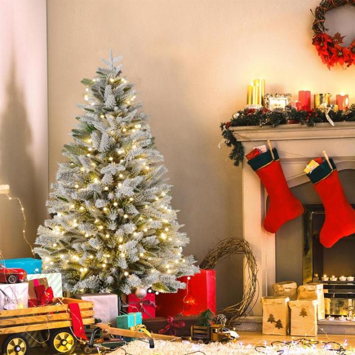 Kunstkerstboom met 200 ledverlichting, 150 cm premium dennenboom, kunstkerstboom met natuurwitte sneeuwvlokken, 400 takpunten, van PE en pvc dennennaalden, snel op te bouwen, klaps