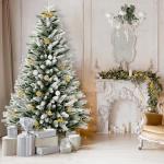 Kunstkerstboom, kunstkerstboom met verlichting, 210 cm, natuurgetrouw, met flockpunten en metalen houder, kerstboom, kerstdecoratie