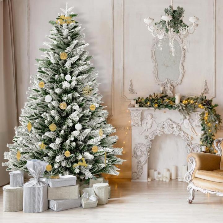 Kunstkerstboom, kunstkerstboom met verlichting, 210 cm, natuurgetrouw, met flockpunten en metalen houder, kerstboom, kerstdecoratie