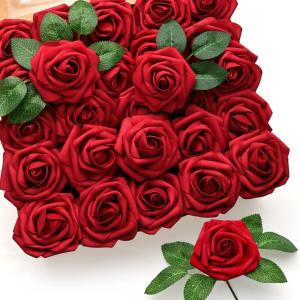 50Pcs Rote Rosen Künstliche Blumen, Dunkel Rot Rosen Schaum Gefälschte Rosen Blumen Bulk mit Stiel DIY für Hochzeit Brautsträuße Mittelstücke, Valentinstag, Muttertag, Party 