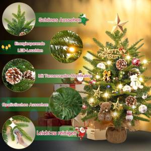 2X Weihnachtsbaum mit Deko Lichterkette 30 LED warm weiß Batterie, 60 cm Mini Kunstweihnachtsbaum mit Pinienzapfen, Tisch-Weihnachtsbaum, Weihnachtsdeko, Material PE+PVC,für Weih