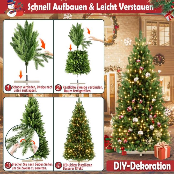 Kunstkerstboom, 210 cm, van PE en pvc, met stabiele houten standaard, realistische dennenboom, kunstkerstboom met ledverlichting voor feestelijke decoratie, snel op te bouwen, klap