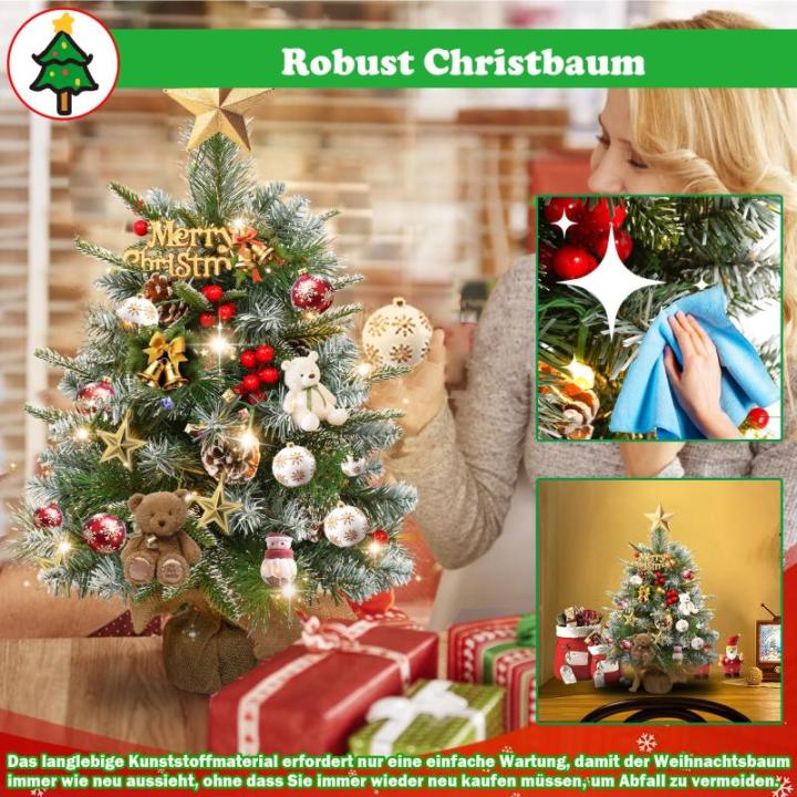60cm Mini Künstlicher Weihnachtsbaum mit 30 LEDs Klein Tannenbaum mit Ständer PVC + PE Spitzen Christbaum für Weihnachten, Halloween, Hochzeit, Party (Schnee + Kiefernzapfen + B