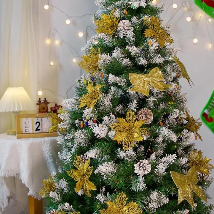 12 stuks glitter kerstster bloemen met 6 stuks glitter kerststrikken decoratie kerstboomversiering kerstdecoratie voor kerstboom Nieuwjaar decoraties
