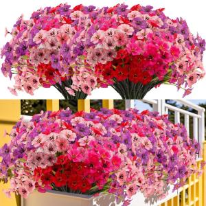 voor buiten, 16 bundels, , outdoor, balkonplanten, weerbestendig, plastic bloemen, net als echt, voor balkon, balkon, tuin, buiten, rood, roze, paars