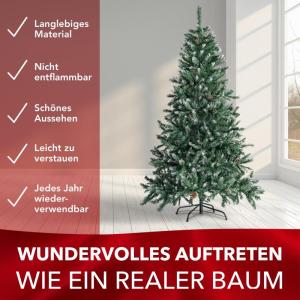 Claus Premium besneeuwde kunstkerstboom, 150 cm, hoogwaardige kunstdennenboom met metalen standaard, bosgrenen, met sneeuweffect en echte dennenappels