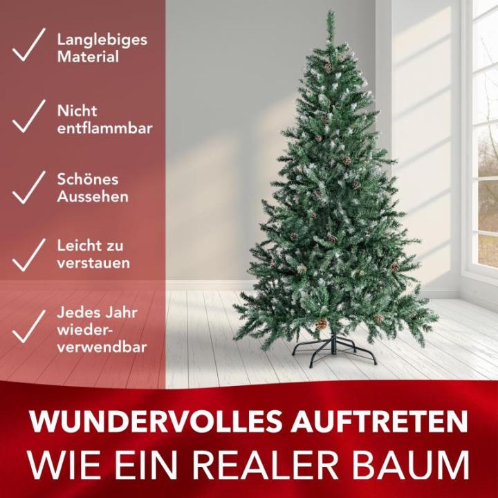 Premium beschneiter Weihnachtsbaum künstlich -Claus- 120cm – Hochwertiger künstlicher Tannenbaum mit Metall-Ständer – Waldkiefer mit Schnee-Effekt & echten Kiefernzapfen