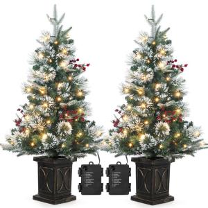 Kerstboom, 90 cm, 2 stuks, kunstkerstboom met verlichting, kunstkerstboom met sneeuwvlok met 78 leds, 8 modi, warmwit, retro, potbasis, kerstdecoratie voor entree, huis, kantoor
