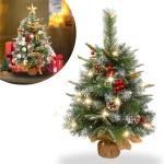 60 cm mini-kerstboom, kunstkerstboom met verlichting, kunstkerstboom met sneeuweffect, met 30 warmwitte leds, dennenappels en rode bessen voor Kerstmis