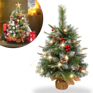 60 cm mini-kerstboom, kunstkerstboom met verlichting, kunstkerstboom met sneeuweffect, met 30 warmwitte leds, dennenappels en rode bessen voor Kerstmis