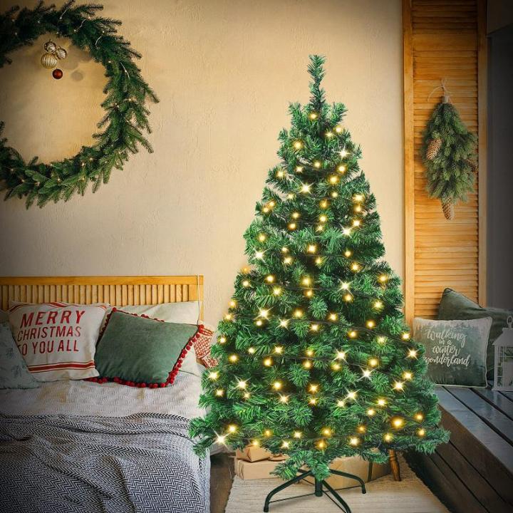 Kunstkerstboom met verlichting, 210 cm, pvc, kunstkerstboom met 350 leds en standaard, kunstkerstdecoratie, groen