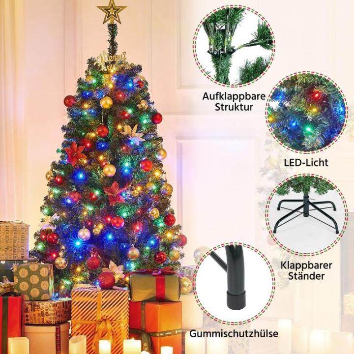 Kunstkerstboom met ledverlichting, 152,5 cm, met 396 takken en 200 warmwitte en meerkleurige lampen, 9 lichtmodi, inklapsysteem, kerstboom, dennenboom, kunstboom, groen