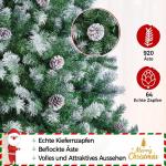 Kunstkerstboom van 183 cm met sneeuw en 64 dennenappels, diameter ca. 106 cm, 920 takpunten, moeilijk ontvlambare dennenboom met snelmontage, klapsysteem, incl. metalen standaard
