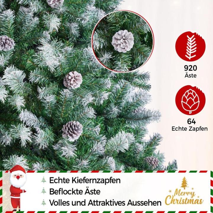 Kunstkerstboom van 183 cm met sneeuw en 64 dennenappels, diameter ca. 106 cm, 920 takpunten, moeilijk ontvlambare dennenboom met snelmontage, klapsysteem, incl. metalen standaard
