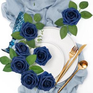 50 Stück Blaue Rosen, künstliche Blumen, Marineblau, künstliche Rosen, echt aussehende Schaumstoff-Rosen, Bulk mit Stiel für DIY, Hochzeitssträuße, Tafelaufsätze, Party, Zuh