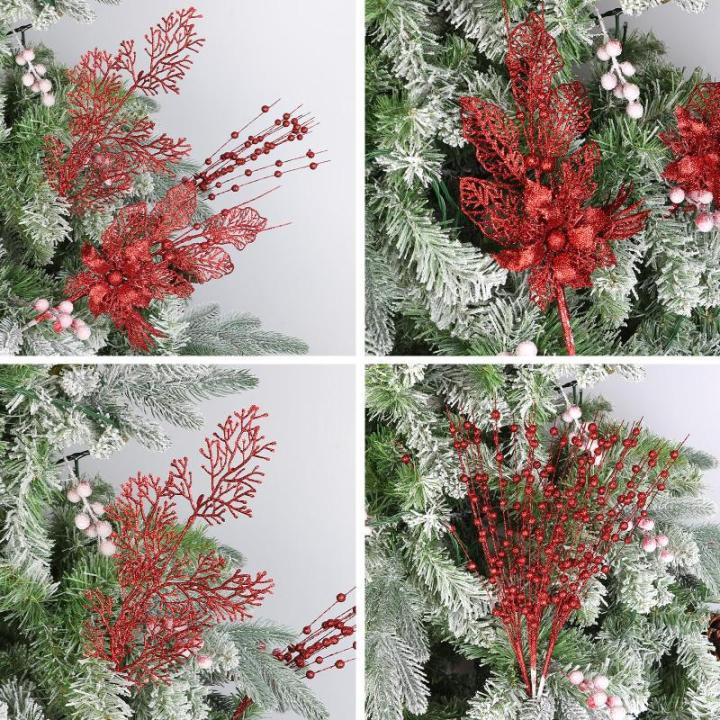 28 stuks kerst glitter bloemen bessen stelen kunstmatige kersttakken kerstboomversiering kunsttakken kerstboom plukken voor doe-het-zelf vakantie handwerk krans thuis decoratie (ro