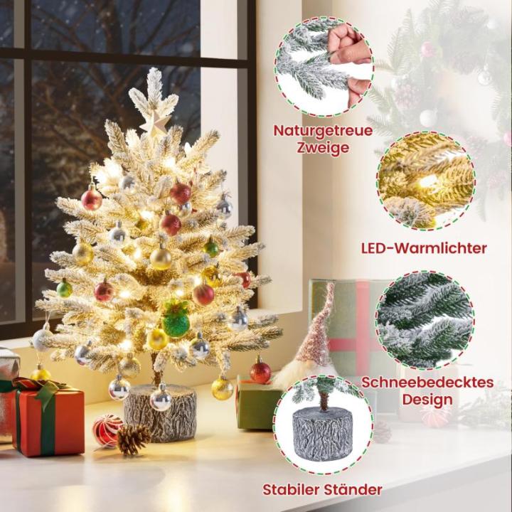 68 cm mini-kunstkerstboom met sneeuw, ingepot dennenboom met 35 leds in warm wit en 262 takpunten, met sneeuw bedekte bevlokte kleine kerstboom