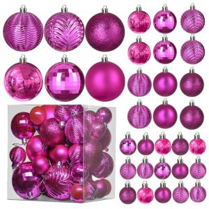 fuchsia roze kerstbalornamenten voor kerstversiering - 36 stuks kerstboom onbreekbare ornamenten met ophanglus voor vakantie- en feestdecoratie (combo van 6 stijlen in 3 maten)