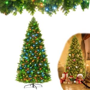 Kunstkerstboom met verlichting, kleurrijke led-premium dennenboom, magische kerstboom met PE- en pvc-takken en stevige metalen standaard, groen, 150 cm