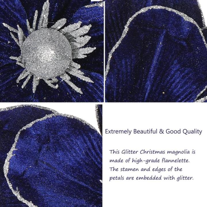 große Glitzer-Weihnachtsblumen, 6 Stück, künstliche Magnolien-Blumen, Samt, gefaltet, Weihnachtsbaum, Blumen, Dekorationen, Weihnachtsbaum, Neujahr Home Ornamente (Blau)