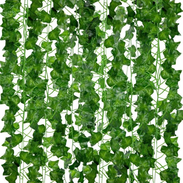Künstliche Efeu Girlanden - 12er Pack, 210cm Länge - Gefälschte Reben für Zimmer und Garten Wand Dekoration für Innen Außen, Grüne Blätter Plastik, Hängende Pflanzen für 