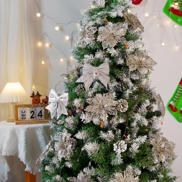 12 stuks glitter kerstster bloemen met 6 stuks glitter kerststrikken decoratie kerstboomversiering kerstdecoratie voor kerstboom Nieuwjaar decoraties