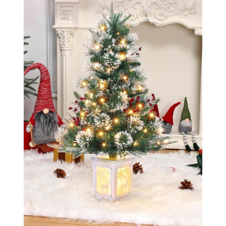 Kunstkerstboom, 90 cm, met 78 verlichting, sneeuwvlokken, op batterijen, pre-lit premium met rode bessen, kerstdecoratie voor thuis, kantoor, witte basis