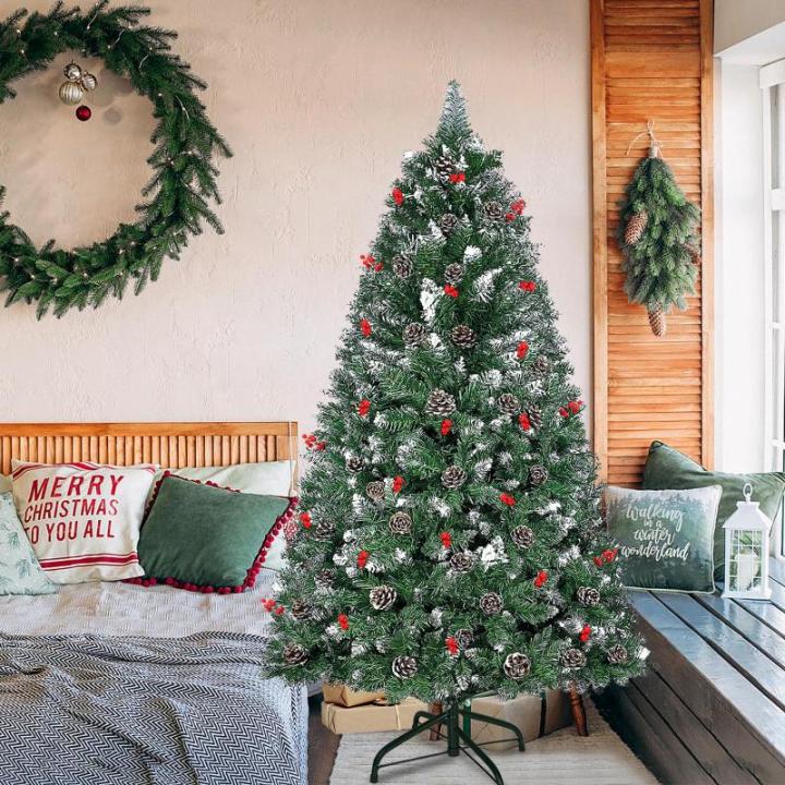 Kunstkerstboom, 150 cm, pvc, automatische kunstkerstboom met standaard, kunstkerstdecoratie, met sneeuw, dennenappels en bessen