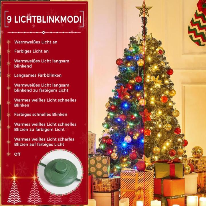 Kunstkerstboom met ledverlichting, 152,5 cm, met 396 takken en 200 warmwitte en meerkleurige lampen, 9 lichtmodi, inklapsysteem, kerstboom, dennenboom, kunstboom, groen
