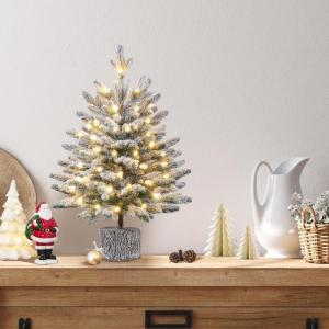 68 cm mini-kunstkerstboom met sneeuw, ingepot dennenboom met 35 leds in warm wit en 262 takpunten, met sneeuw bedekte bevlokte kleine kerstboom