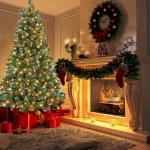 Kunstkerstboom met verlichting, groen, pvc, met sneeuweffect en dennenappels, led-pvc, decoratieve boom met standaard, kerstdecoratie voor kerstdecoratie
