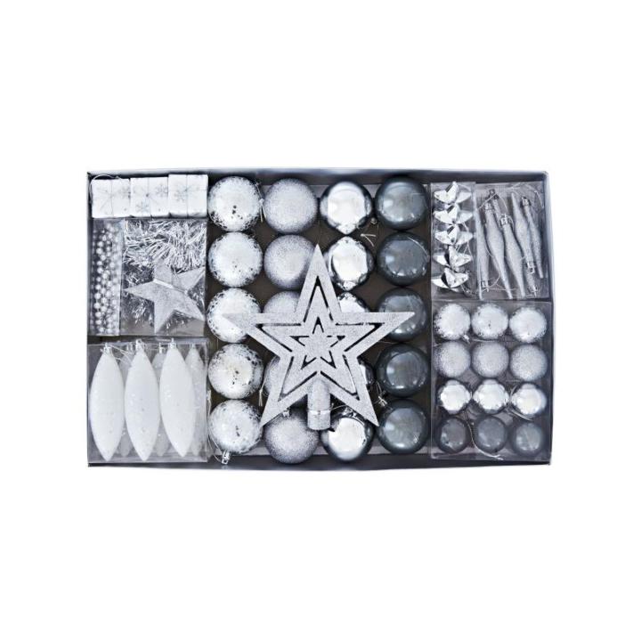 Kerstboomversiering - zilver - 60-delig - set incl. boompunt, ballen, parelketting, slinger en sterren - kunststof
