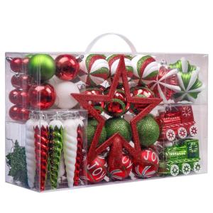 100st 3-15cm rood groen wit, set hangende kerstboomversieringen mat glanzend pailletten, handgeschilderde bal met ster voor plastic kerstboom