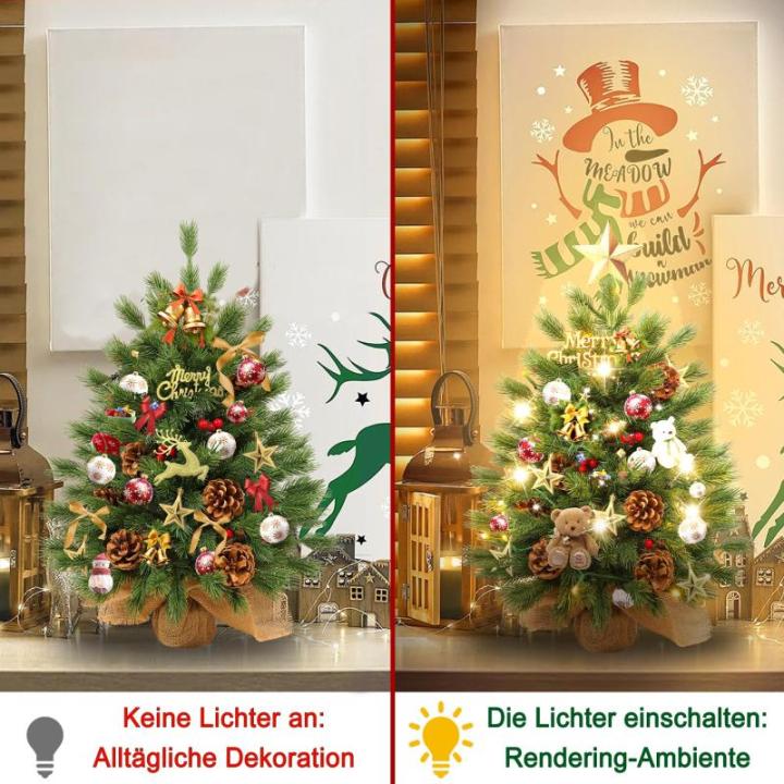 2 x kerstboom met decoratieve lichtketting, 30 leds, warm wit, 60 cm, mini-kunstkerstboom met dennenappels en taxbessen, tafelkerstboom, kerstdecoratie, materiaal PE, voor Kerstmis