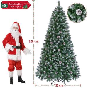 Kunstkerstboom van 228 cm met sneeuw en 82 dennenappels (Ø ca. 132 cm), 1346 takpunten, moeilijk ontvlambare dennenboom met snel opbouw, klapsysteem incl. metalen standaard