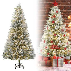 Kunstkerstboom, 210 cm, premium dennenboom met sneeuweffect en verlichting, 450 leds, warm wit, natuurgetrouw kerstboom met metalen standaard, voor kerstdecoratie